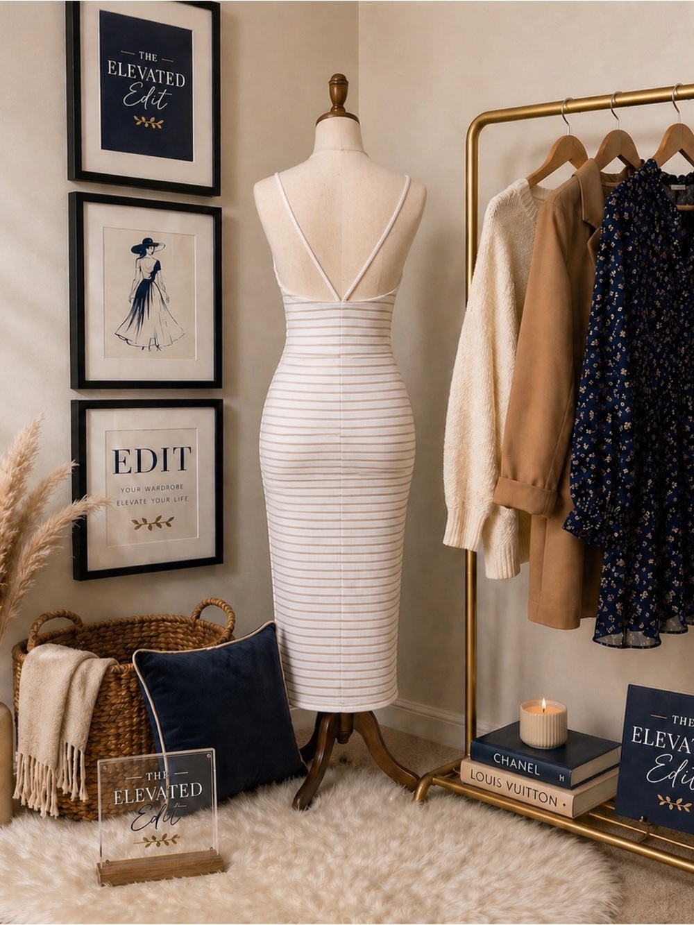 Minimalist Tailored Midi Dress — Neutral Stripe, Sculpted Fit | Quiet Luxury - Picture 7 of 8